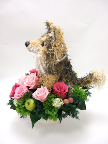 犬のオーダーメイドトピアリープリザーブドフラワーアレンジ