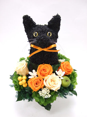 動物病院開院祝い　黒猫のプリザーブドフラワーアレンジ