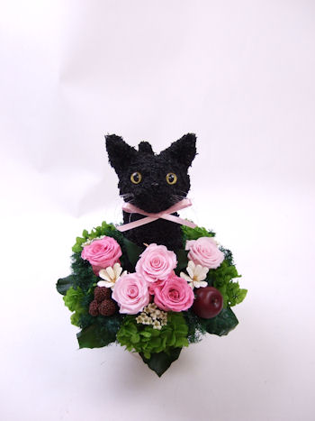 猫好きの人へお誕生日プレゼントに黒猫のプリザーブドフラワー 動物トピアリー作品集 アトリエ花倶楽部